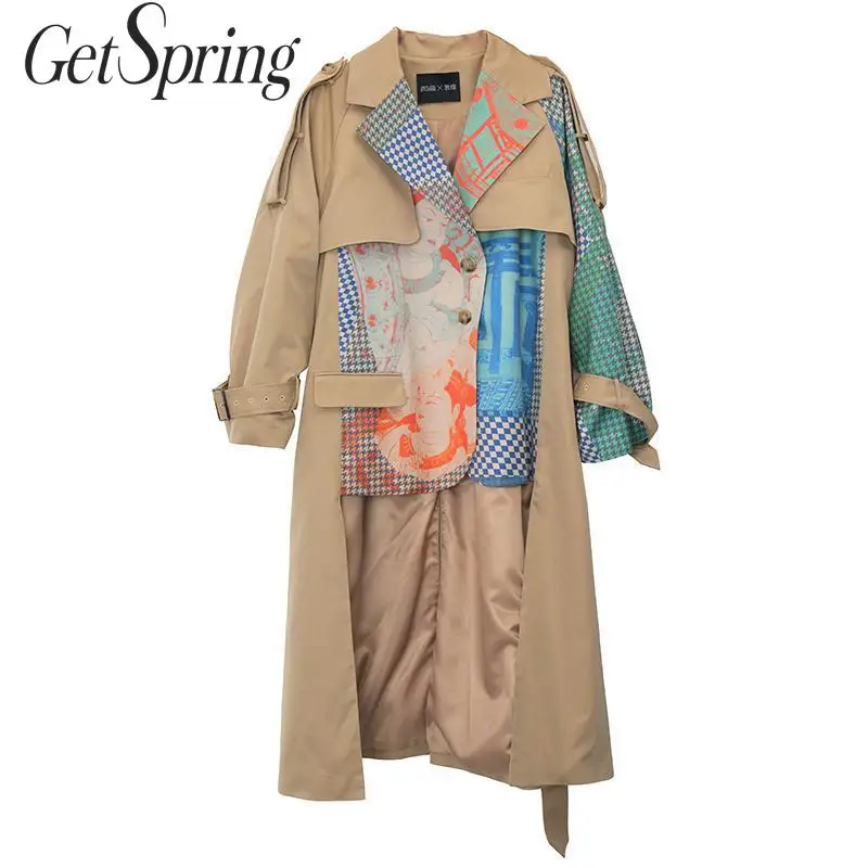 Тренчкот GetSpring для женщин длинное пальто с асимметричным подолом и принтом
