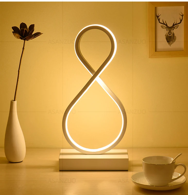 Description Picture 3 of itemModern LED black white Ring 8-shaped table lamp Nordic bedroom bedside reading desk lamp home decor living room lighting fixture