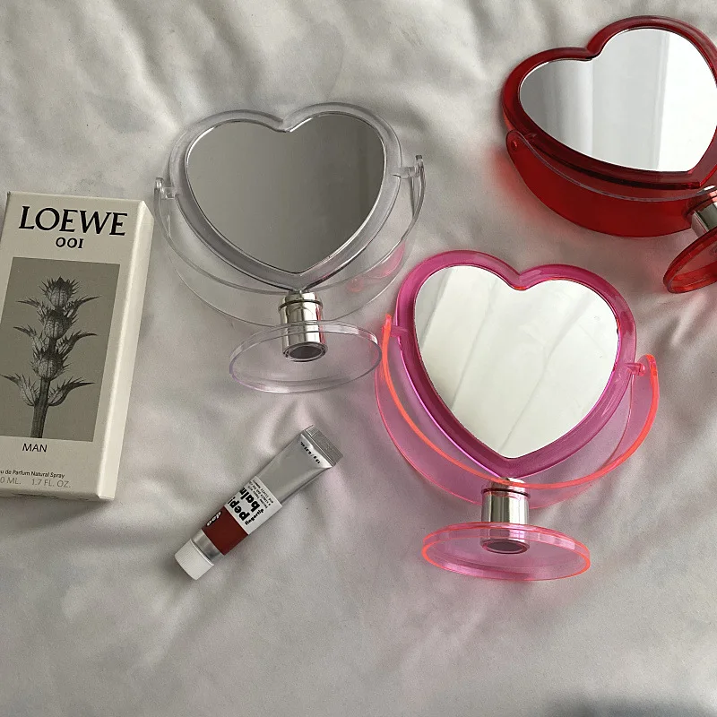 INS Korean Style Heart Shaped Cosmetic Mirror Acrylic Transparent Base Makeup Mirror Double Side Home Bedroom Desktop Mirror wave shaped acrylic shelf desktop storage buyer s shop display display frame transparent matte