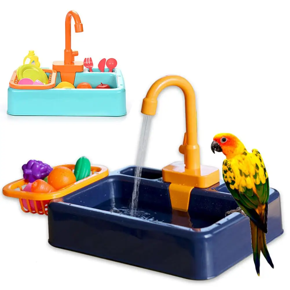 

Bird Feeder Pet Pool Automatic Bird Bathing Tub with Faucet Food Container Bird Accessory for Pet Parrots