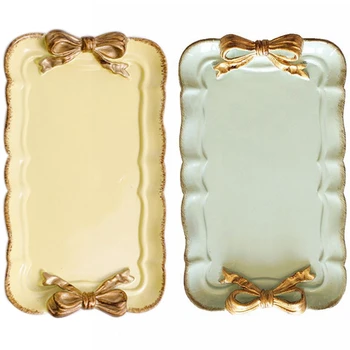 

2 Pcs European Style Bow Cake Storage Trays Makeup Organizer Dessert Plate Square Decor Tray Kitchen Storage Trays 12X20Cm, Yell