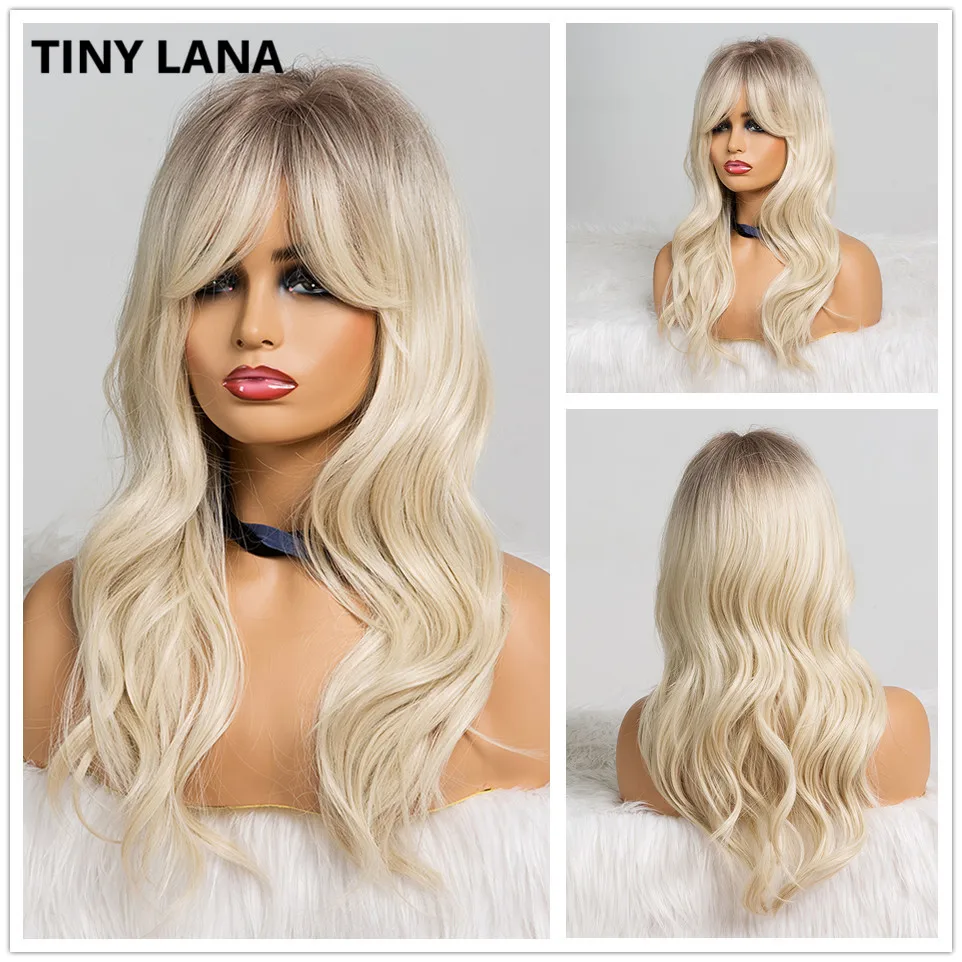 

TINY LANA Long Ombre Black Brown Blonde Wigs with Bangs Heat Resistant Synthetic Wave Wigs for Women African American Cosplay