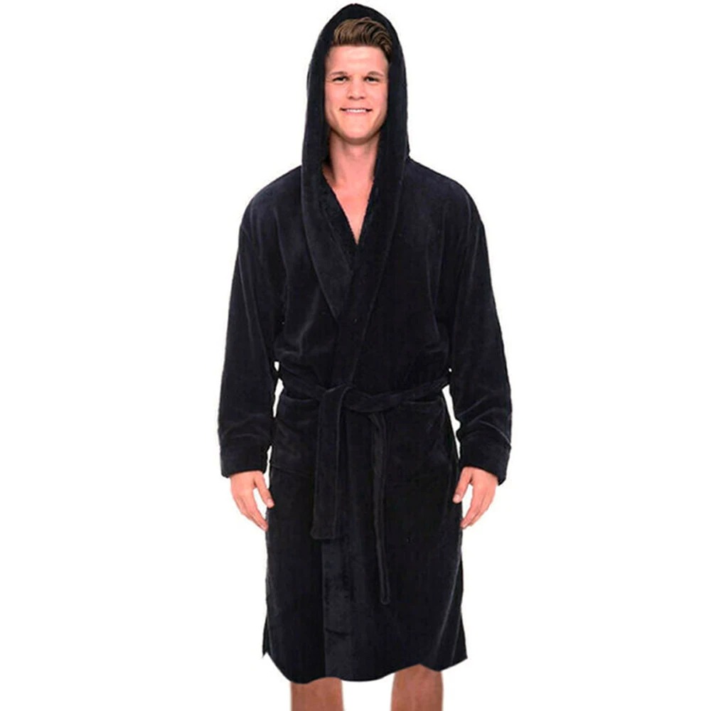 Winter Pocket Robes Mens Solid Hooded Bathrobe with Belt  Luxury Robe Sleepwear for Men Clothing Robes mens cotton pjs