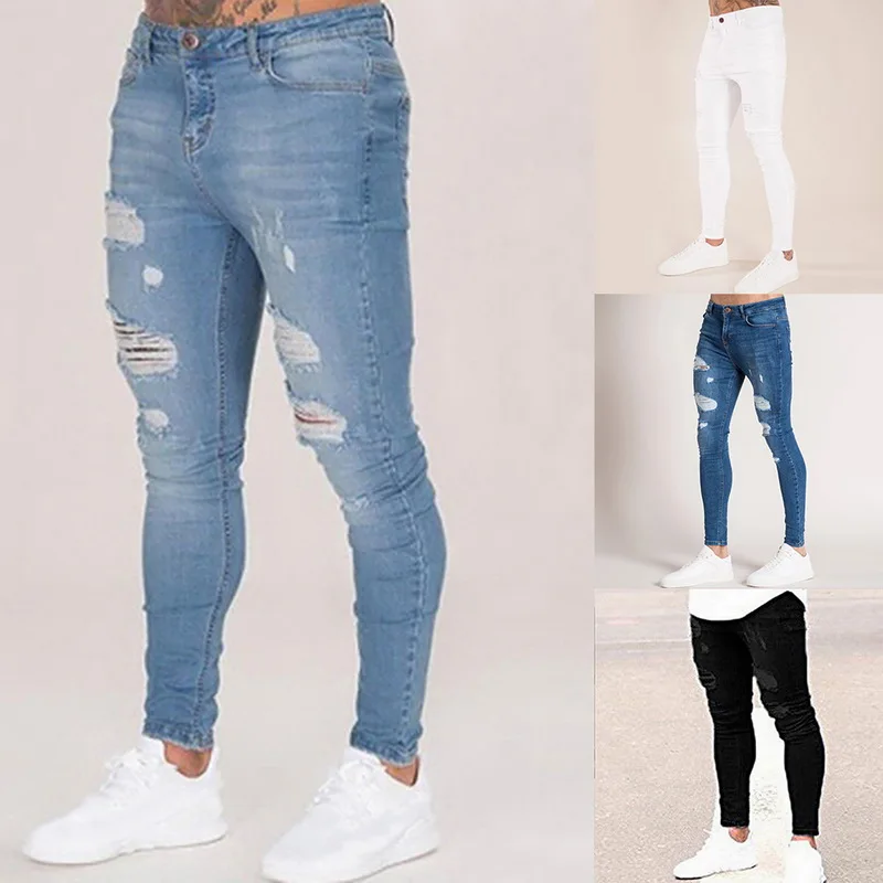 Мужские джинсовые штаны, повседневные осенние мужские рваные обтягивающие брюки, обтягивающие байкерские штаны в стиле хип-хоп, сексуальные штаны с дырками, верхняя одежда