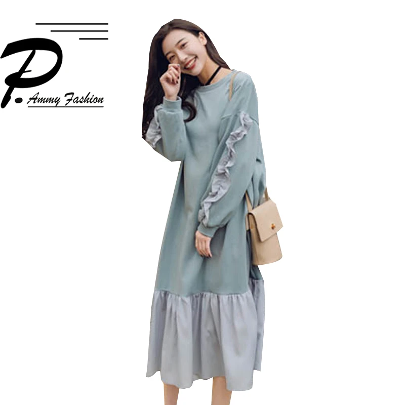 Dress women's spring & Autumn 2019 new Patchwork Long sleeve Long dress long thin ruffled hem fishtail dress