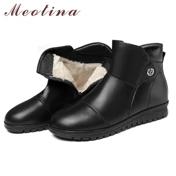 

Meotina Real Leather Flat Platform Ankle Boots Women Metal Decoration Warm Short Boots Zipper Female Boots Shoes Winter Black 41