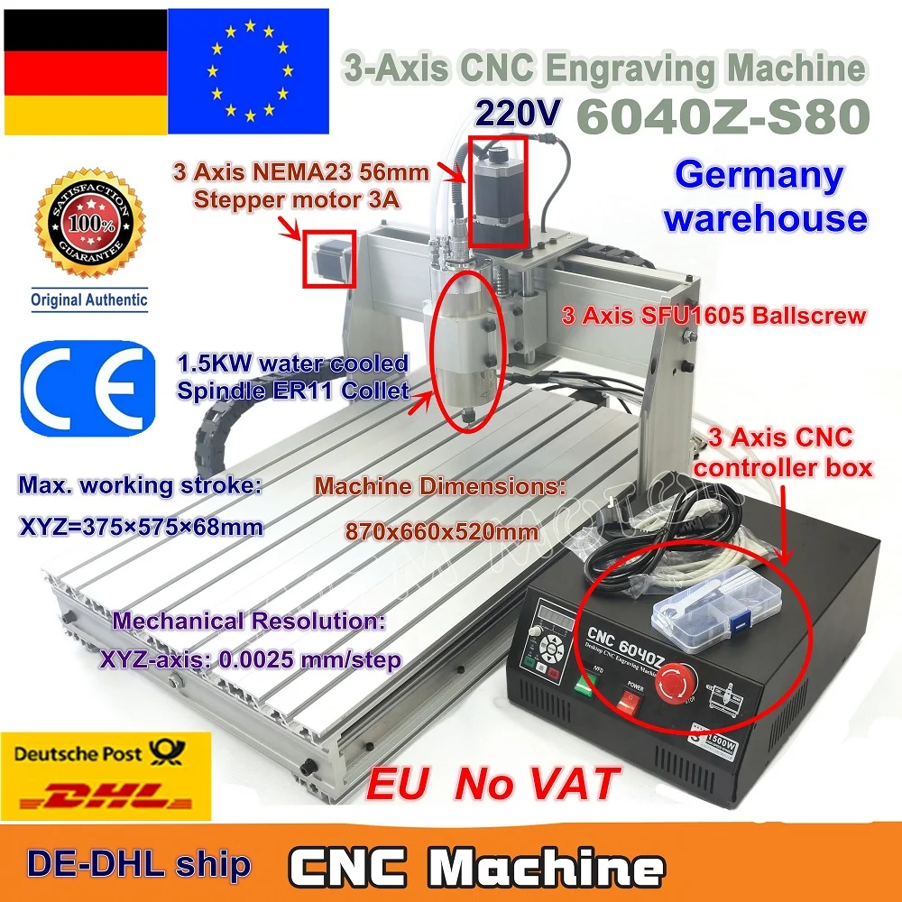 【DE Бесплатная VAT】 3 оси Mach3 6040 Z-S80 1500W 1.5KW мотор шпинделя Фрезерный станок с ЧПУ