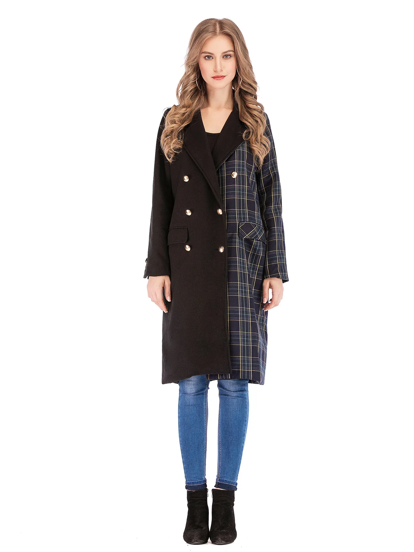 Классическое шерстяное пальто в клетку, женское двубортное длинное повседневное пальто, женский элегантный шерстяной пиджак, черная женская уличная куртка