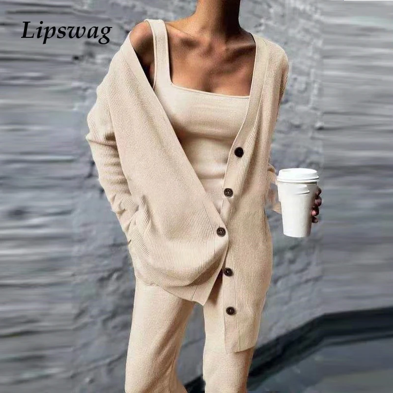 Women Casual Knitted Three Pices Set Autumn Tracksuit Tank Tops Cardigan Tops And Wide Leg Pants 2021 Solid Female Suits Mujer white pant set