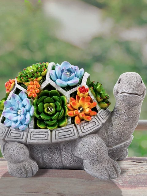 Statue de tortue de Jardin solaire en plein air, décoration avec lumière  LED succulente, Figurines de