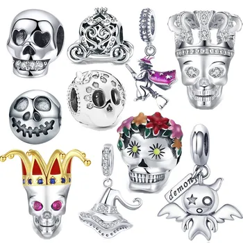 

fit Pandora Original Bracelet Skull Bead Charm 925 Sterling Silver Necklace Pendant Witch Pumpkin Car Halloween Gift Jewelry diy