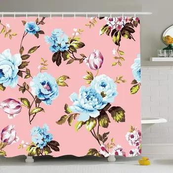 

Shower Curtain Set with Hooks 60x72 Shabby Classic Chic Bloom Pattern Vintage Valentines Ornamental Roses Tulips Forgetmenots