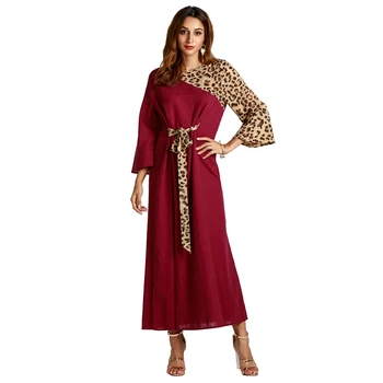 

Women's Large Size Women's New Autumn and Winter Muslim Middle Eastern Clothes Splice Leopard Dress Lace Up Bandage Long Dress