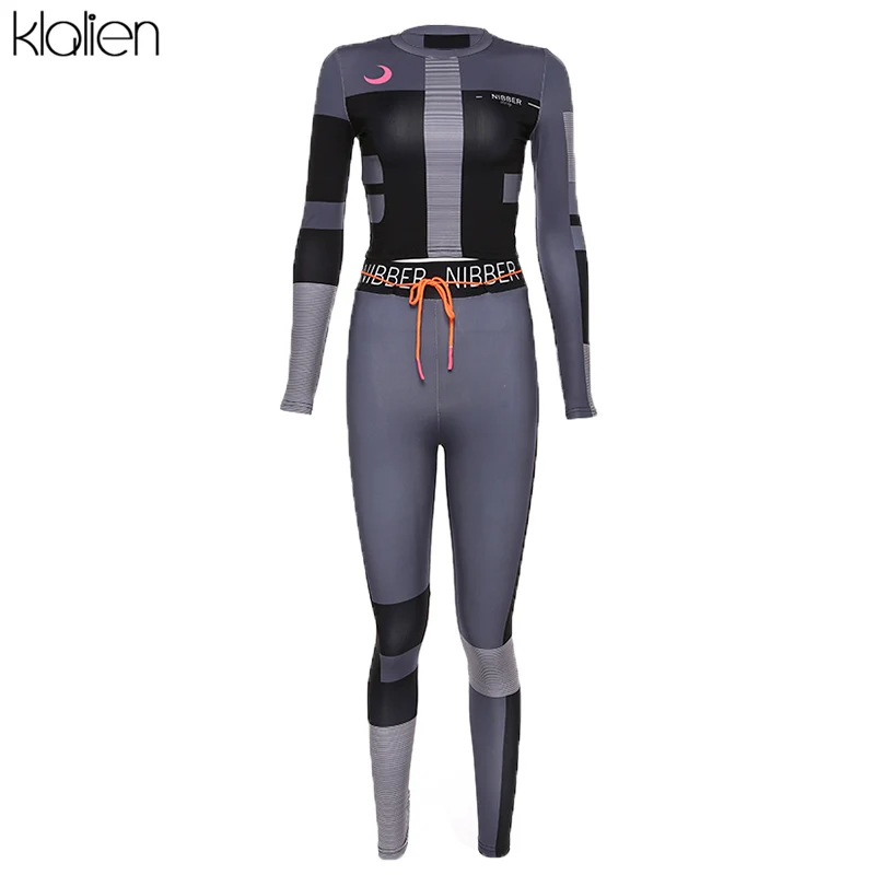 Klanien, базовая футболка с длинным рукавом+ Эластичные Обтягивающие Леггинсы с буквенным принтом, спортивная одежда, облегающий наряд,, Женский фитнес комплект из 2 предметов - Цвет: Черный