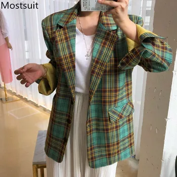 

Vintage Korean Plaid Women Blazers Coats 2020 Autumn Long Sleeve Notched Collar Jackets Elegant Fashion Ladies Blazers Femme