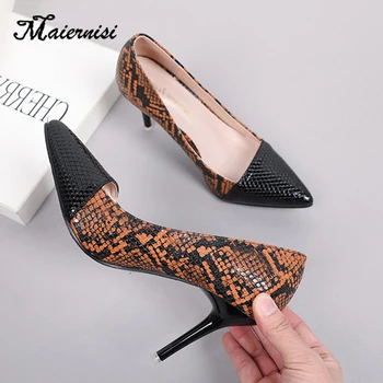 

MAIERNISI Pointed Toe Women Thin Heel Shoes 9cm Heels Pointed Toe Patent Leather Design Wedding Party Shoes lady Big Size