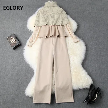 

High Quaity Sweater Sets 2019 Autumn Winter Pant Suit Women Turtleneck Cape Coats+Lace Patchwork Long Sleeve Pullovers+Long Pant