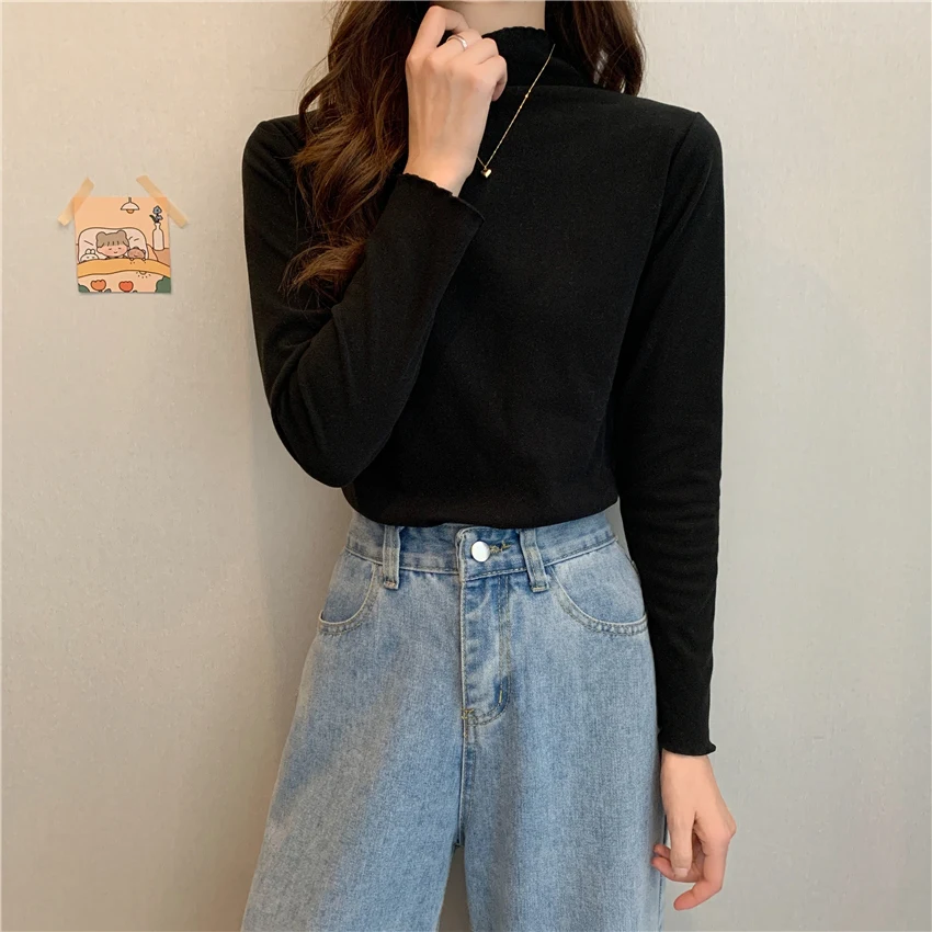 T 셔츠 여성 하라주쿠 Tshirt 자르기 탑 한국 패션 T-셔츠 긴 소매 탑 티 셔츠 Femme 가을 겨울 터틀넥 셔츠