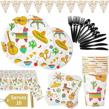 

10PCS Fiesta Party Supplies Mexican Theme Disposable Tableware Set Includes Plates, 9oz Cups, Napkins, Spoon & Tablecloth More