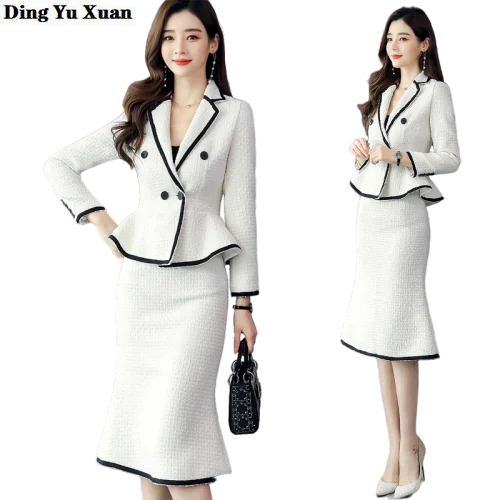 

Women's Formal Tweed Skirt Suit for Women Skirt and Jacket Set 2 Piece Office Clothes Winter Black White Blazer with Skirts