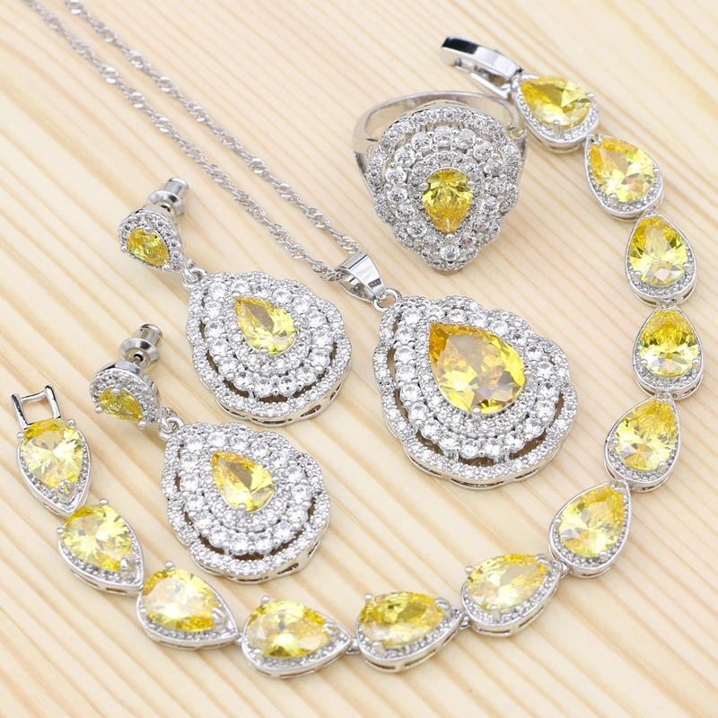 Bridal Jewelry Sets Of Silver 925 For Women Yellow Cubic Zirconia Water Drop Ring/Bracelet/Necklace/Pendant/Earrings Set | Украшения и