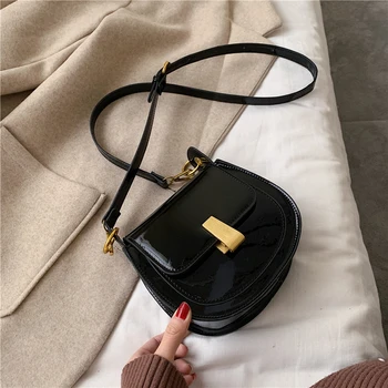 

New Women's Bag Solid Color Shoulder Messenger Bag Fashion Casual Women's Bag Black Women's Bag Patent Leather Shiny Saddle Bag
