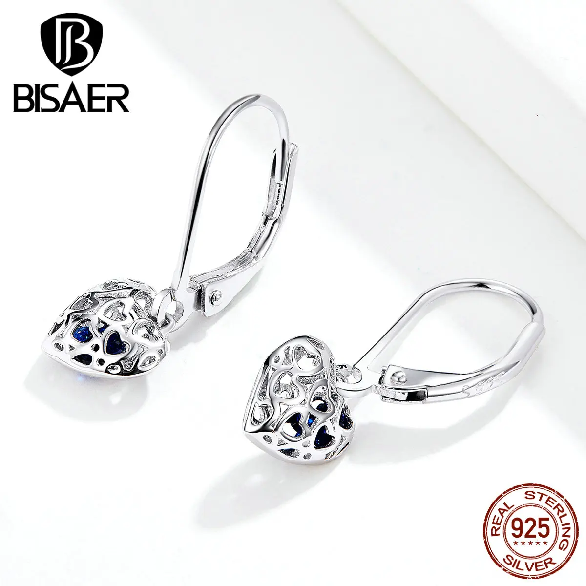 Свадебные ювелирные изделия BISAER,, 925 пробы, серебряные, в форме сердца, висячие серьги для женщин, голубой циркон, свадебные ювелирные изделия ECE746