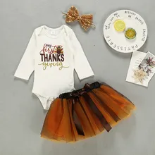 Одежда для новорожденных девочек на День Благодарения; комбинезон с юбкой; повязка на голову с блестками; комплект одежды из 3 предметов для маленьких девочек