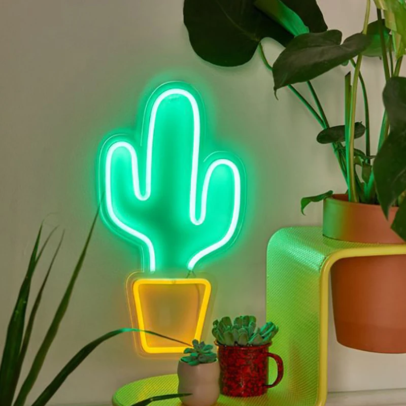 Cactus Неоновый светильник, неоновая вывеска, панель, Ночной светильник, питание от USB, в форме INS, романтическая, свадебная, праздничная, Сказочная лампа, крыло, банан - Испускаемый цвет: Cactus