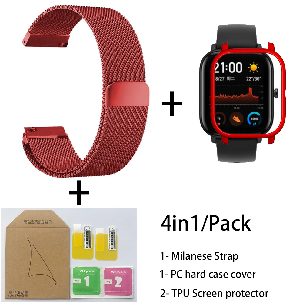 Red-Red 4в1 для Xiaomi Huami Amazfit GTS Ремешок Браслет из Миланского нержавеющей стали Smartwatch Браслет amazfit gts защитный чехол для экрана - Цвет: Red-Red