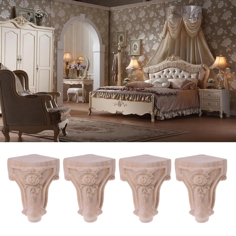 2021 New Wooden Furniture Legs Solid Wood Flower Carved TV Cabinet Seat Feet No Painting
