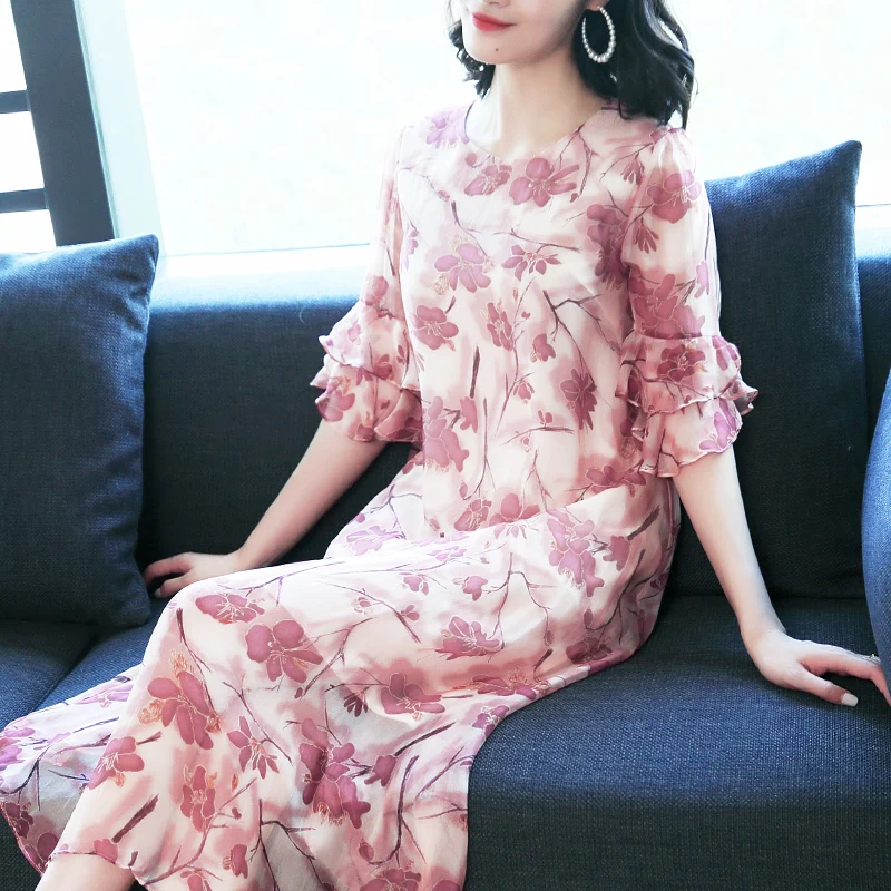 Zomer Vrouwen Roze Party Dressing Lange Print Dressing Zijden Jurk Elegante Vrouwen Villano Zomer Vrouwen Roze Party Dressing Lange Print Dressing Zijden Jurk Elegante Vrouwen Villano