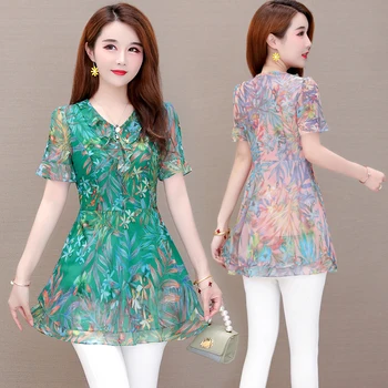 

COIGARSAM 4XL Plus Size Full blouse women New Print Short Sleeve Chiffon Mesh blusas womens tops and blouses Pink Green