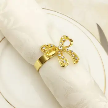 

12pcs Bow Napkin Ring Gold Napkin Buckles Rhinestone Table Towel Holder For Festival Wedding Party Dinner Banquet Decoration
