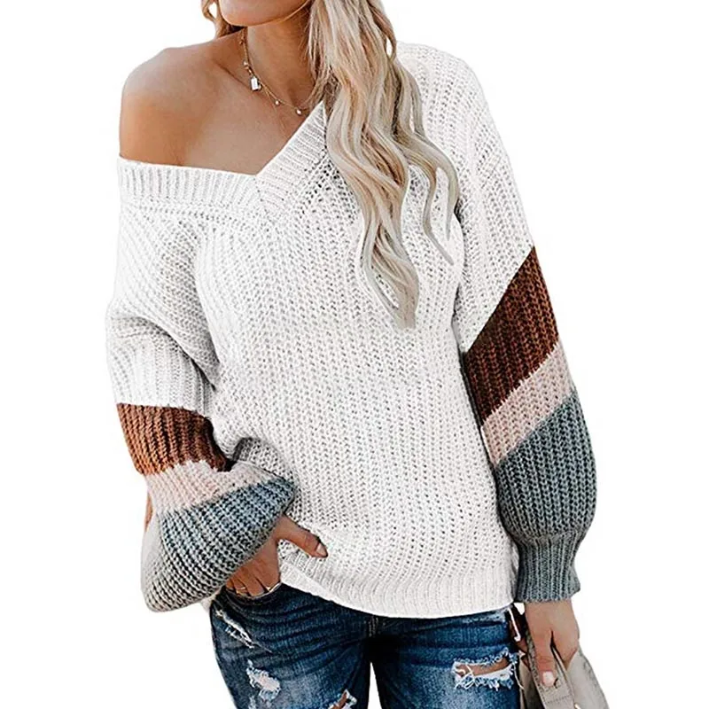 Женский лоскутный Свободный вязаный свитер, осенний свитер с длинным рукавом и v-образным вырезом, Модный пуловер, свитер для женщин - Цвет: Белый