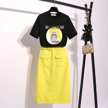 

2020 Summer New Fashion Korean Style Woman Suits Short Sleeve Printed Cotton T Shirt + Casual Elegant Midi Skirt Two Piece Sets