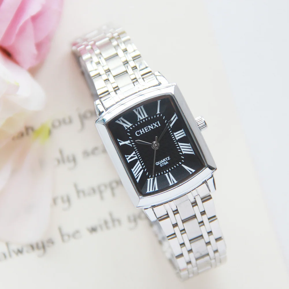 CHENXI Square Women Watch Roman Numeral Silver Stainless Steel Quartz Watches Men Lover's Lady Clock Retro Casual Couple