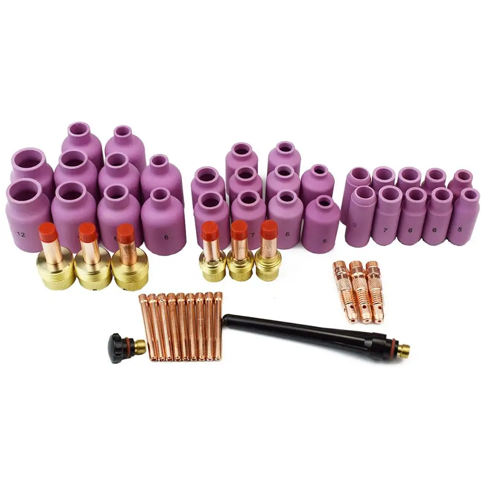 50pcs Full Tig Welding Accessories Kit Alumina Nozzle Gas Lens Collets Bodies Gasket Cup Back