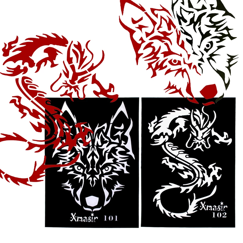2pcs Large Size Glitter Airbrush Tattoo Stencils Men Drawing Template Big Wolf Dragon Arm Back Sticker Body Paint 13 19cm Body Paint Aliexpress