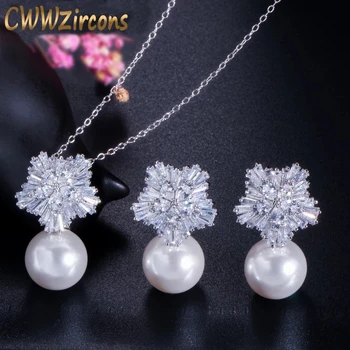 

CWWZircons Top Quality Silver Color AAA+ Cubic Zirconia Flower Women Big Pearl Necklace Pendant and Earrings Jewelry Sets T049
