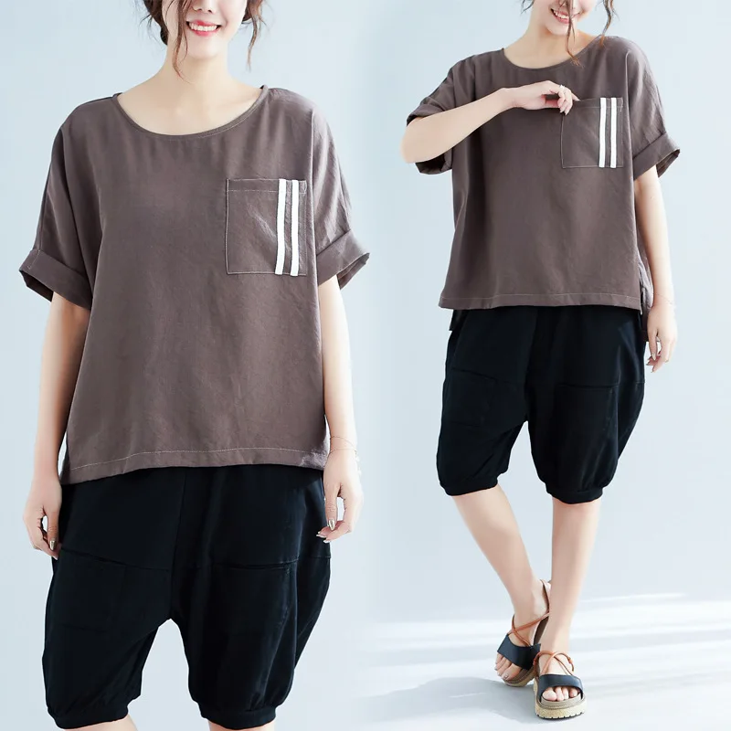 

2019 Spring New Style Korean-style Loose Fat Mm Large Size Literature And Art Pocket Double White Slit Cotton Linen T-shirt WOME