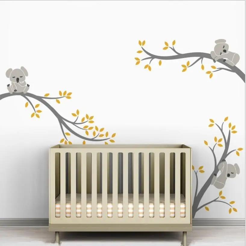yellow grey Koala Семья на ветке дерева Нетоксичные виниловые настенные наклейки для детской комнаты Переводные картинки художественная роспись детская комната, наклейка домашний декор - Цвет: yellow grey