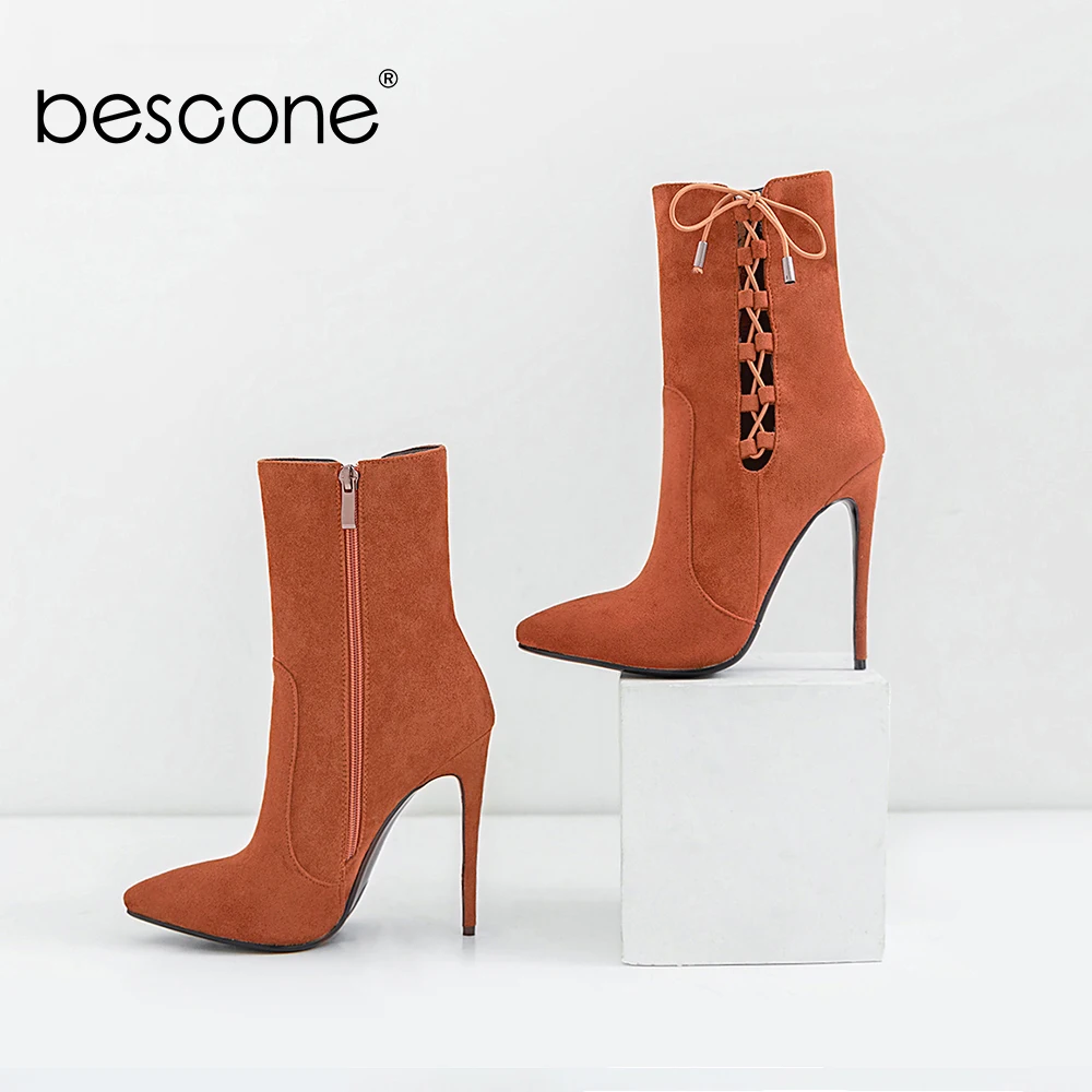

BESCONE Winter Ladies Boots Casual Solid Handmade Thin Heel Shoes Sexy Pointed Toe 12 cm Super High Heel Zipper Women Boots BY53