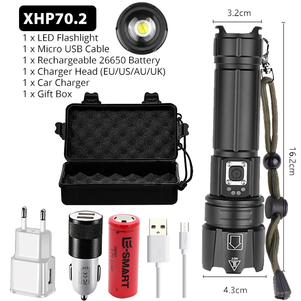 12000LM Ultra Powerful XHP70.2 LED Flashlight USB Rechargeable Tactical Light 5 light mode26650 Waterproof camping torch - Испускаемый цвет: F