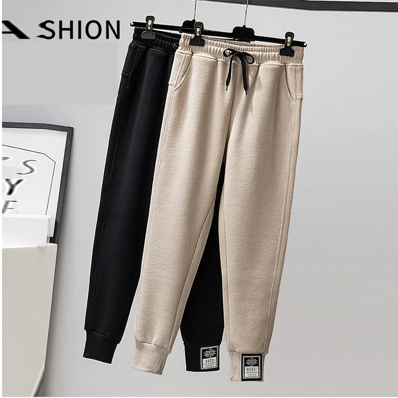 

Puls Size Elastic Waist Thinck Woman High Waist Ankle Length Pants Soft Loose Cusaul Harem Sweatpants Panelled BundleFoot Female