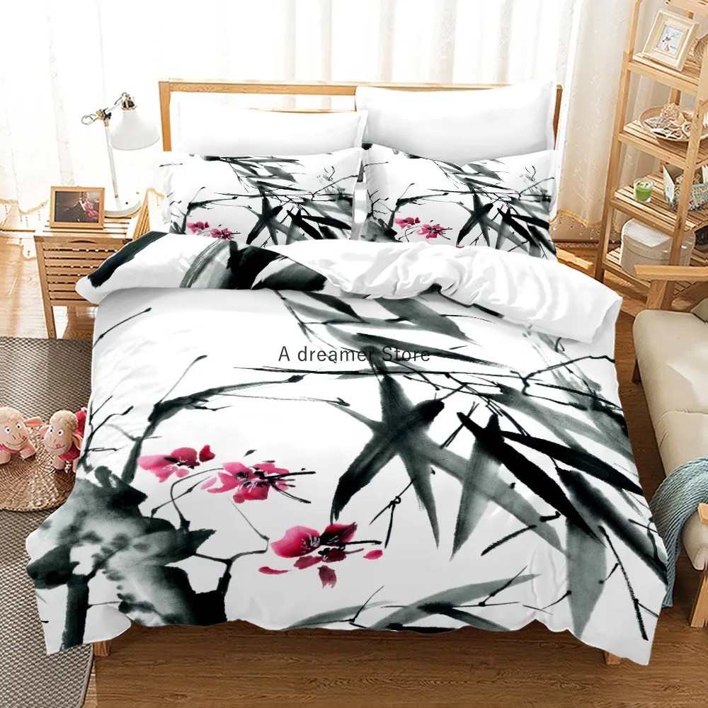 Chinese Ink Painting Plum Blossom Bamboo Bedding Set Fashion Art Duvet Quilt Cover With Pillowcases 200x200 Size Adults Textile 