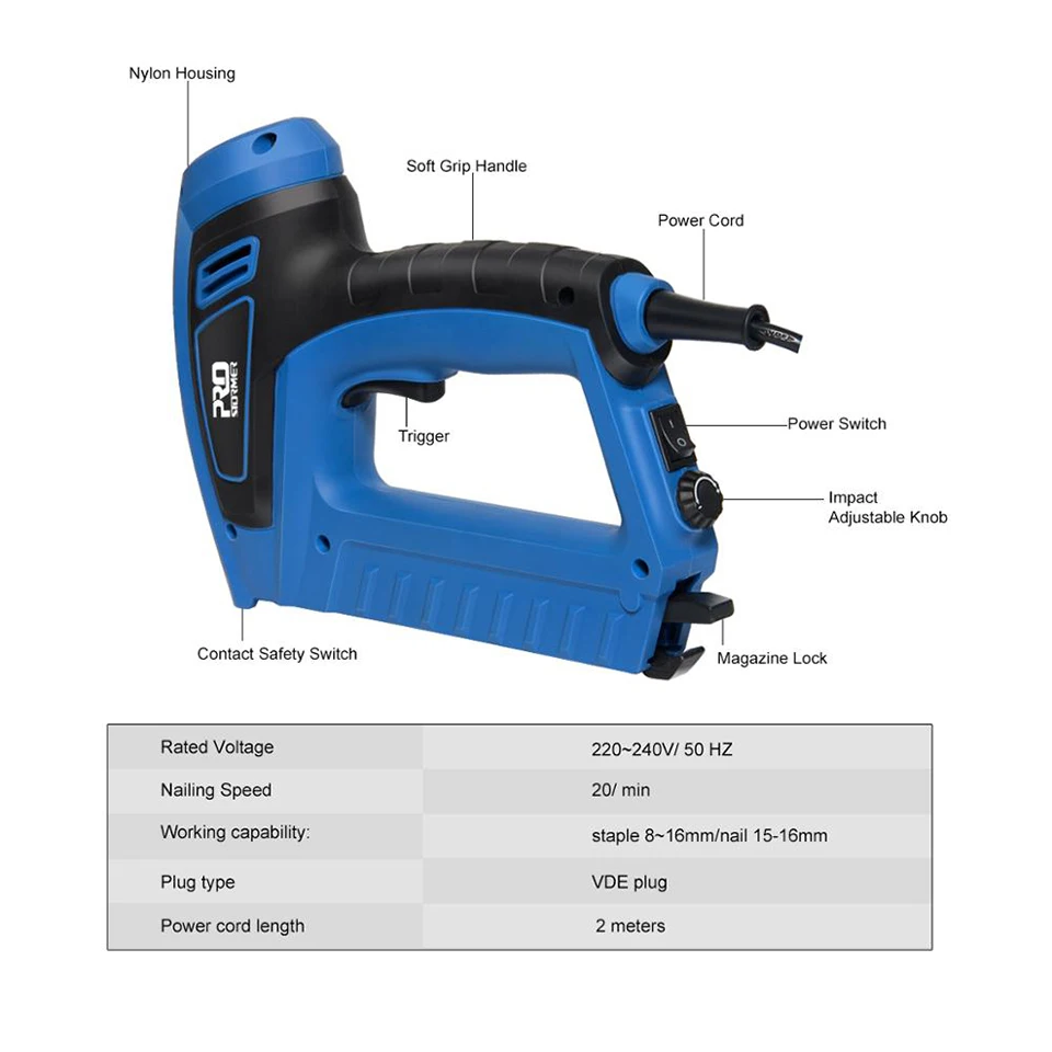 PROSTORMER PROSTORMER 220 В Электрический гвоздь пистолет для деревообработки штапельного мебельного гвоздильщика Регулируемый заклепочный пистолет для дома DIY электроинструмент