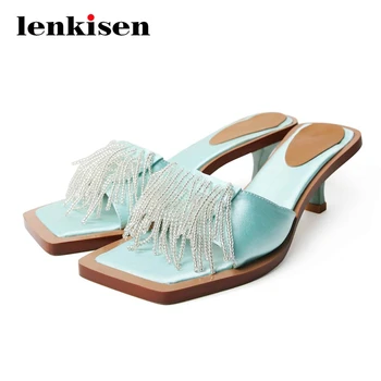 

Lenkisen 2020 hot saling fringe mature high fashion daily wear square toe med thin heel slip on mules women summer sandalsL46