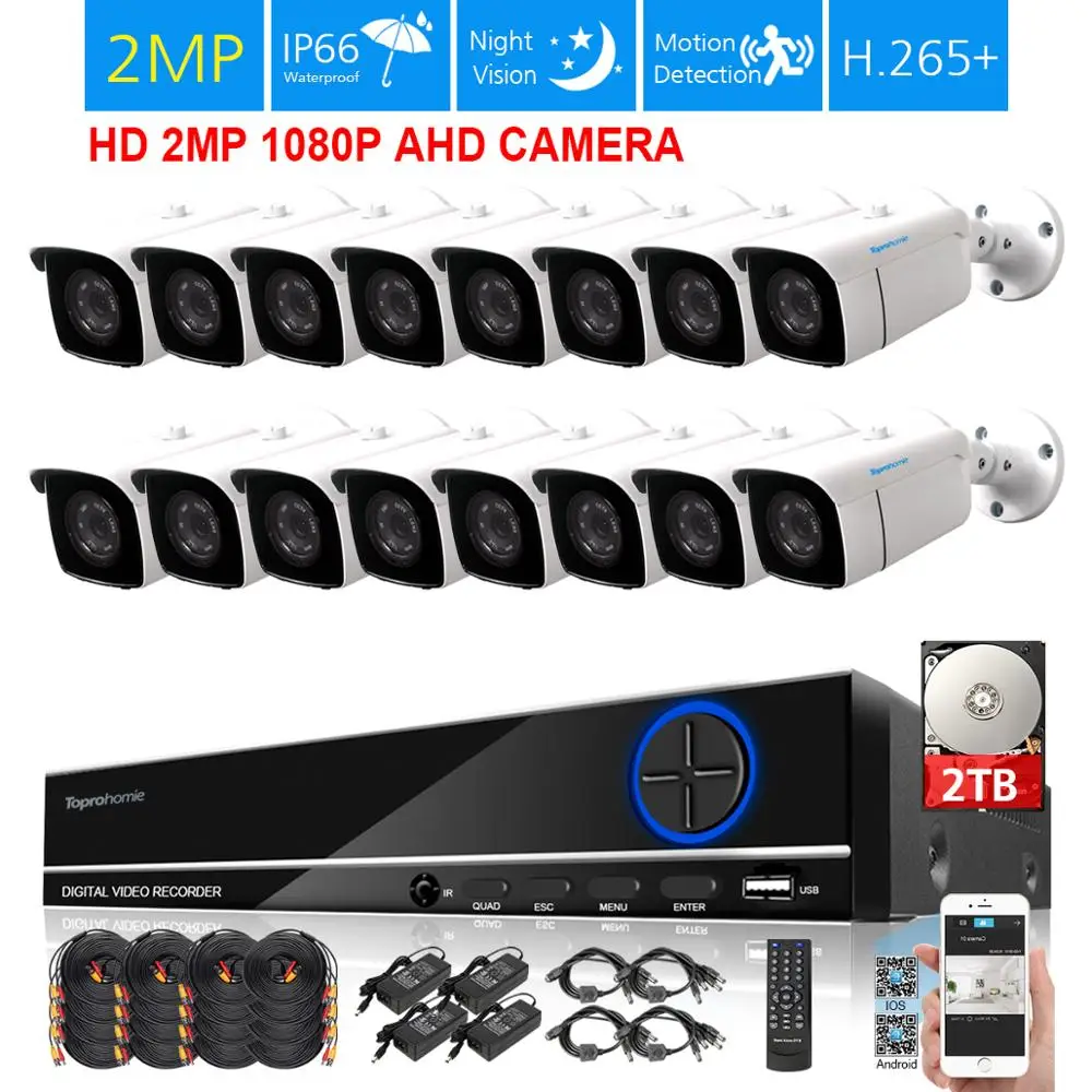 Система наружного видеонаблюдения TOPROHOIME H.265 + 16 каналов AHD 5MP N DVR 16x2 Мп CVI TVI