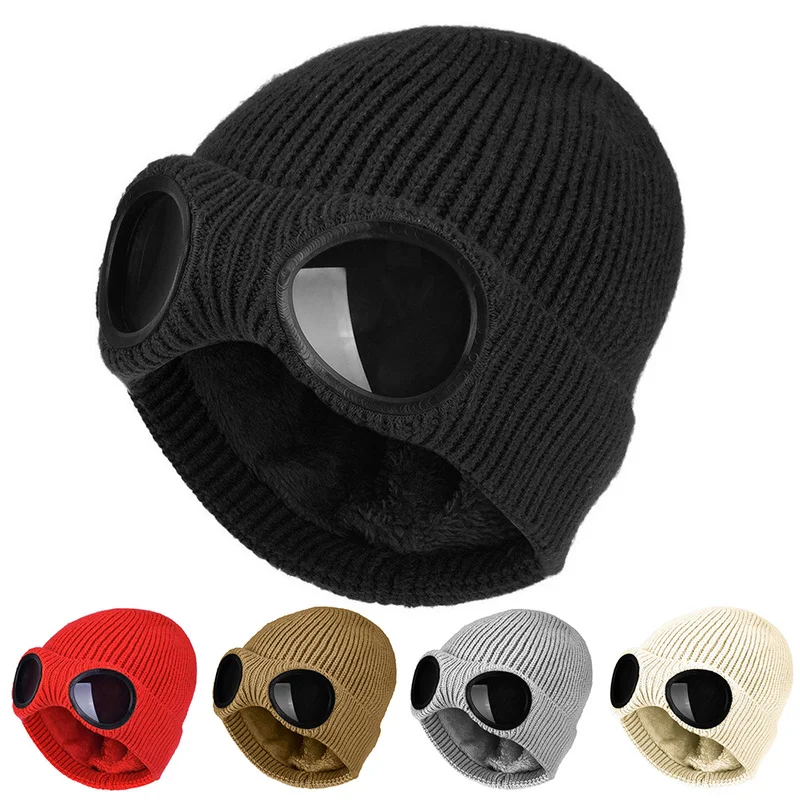 

Helisopus New Winter Knitted Hat Plus Velvet Warm Beanie Hat Outdoor Riding Ski Ear Protection Cap Cold-proof Glasses Cap Unisex